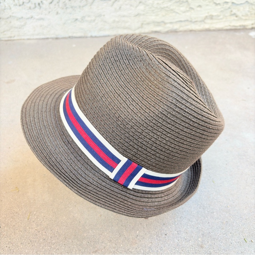Vintage Stone Fedora Brown Red White Stripe 100% Paper Women S/M - Picture 2 of 6